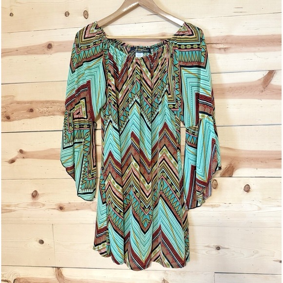 Astoria Born Tops - Astoria Born Womens Medium Boho Hippie Chevron Tunic Top Bell Sleeve Turquoise